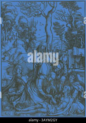 Une scène sombre représentant un groupe de personnages dans un paysage, avec une figure centrale en deuil. L'atmosphère transmet un sentiment de perte et de réflexion, entourée d'arbres et de collines lointaines, améliorant la profondeur émotionnelle du moment. La Lamentation, de la grande passion, c. 1498–99, publiée en 1511, Albrecht Dürer, allemand, 1471-1528, Allemagne, gravure sur bois noir sur papier ivoire, 392 x 284 mm Art classique avec une touche moderne réinventée par Artotop Banque D'Images