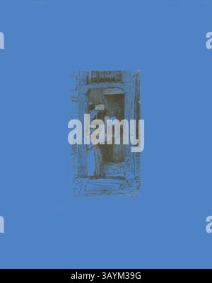 Une devanture pittoresque dispose d'une figure admirant les étagères garnies de divers articles, encadrées par une entrée accueillante qui fait allusion à une atmosphère confortable et nostalgique. La marchande de moutarde (le vendeur de moutarde), 1858, James McNeill Whistler, américain, 1834-1903, États-Unis, gravure avec faute morsure à l'encre noire sur papier de porcelaine blanc cassé posé sur papier tissé blanc cassé, Chine collé, 157 x 89 mm (plaque), 328 x 257 mm (feuille) Art classique avec une touche moderne réinventée par Artotop Banque D'Images