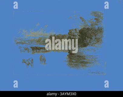 Un paysage serein représentant une scène de rivière tranquille remplie de vaches en pâturage, entouré d'arbres et de collines douces, reflétant une atmosphère rurale paisible. A Lancashire River, 1881, Francis Seymour Haden, anglais, 1818-1910, Angleterre, gravure et point sec sur papier tissé crème, 280 × 406 mm (image/plaque), 394 × 537 mm (feuille) Art classique avec une touche moderne réinventée par Artotop Banque D'Images