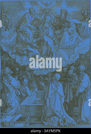 Une scène divine représentant la Vierge Marie assise entre Dieu le Père et Jésus Christ, entourée de figures célestes et de nuages. Ci-dessous, un groupe de fidèles se réunit dans la vénération, soulignant le moment sacré de l'ascension et la présence de la lumière spirituelle. Assomption et couronnement de la Vierge, de la vie de la Vierge, 1510, Albrecht Dürer, allemand, 1471-1528, Allemagne, gravure sur bois noir sur papier ivoire, 291 x 207 mm Art classique avec une touche moderne réinventée par Artotop Banque D'Images