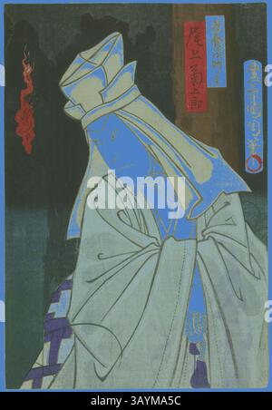 Une silhouette sereine dans une tenue traditionnelle, ornée de motifs et de détails complexes. L'expression du personnage transmet un sentiment de contemplation, encadrée par une toile de fond qui fait allusion à un riche récit culturel, mis en évidence par des éléments subtils de couleur et de design. L'acteur Onoe Kikugoro comme le fantôme de Koyo Hoshi, 19ème siècle, Toyohara Kunichika, japonais, 1835-1900, Japon, impression sur bois couleur, feuille droite de triptyque oban Art classique avec une touche moderne réinventée par Artotop Banque D'Images