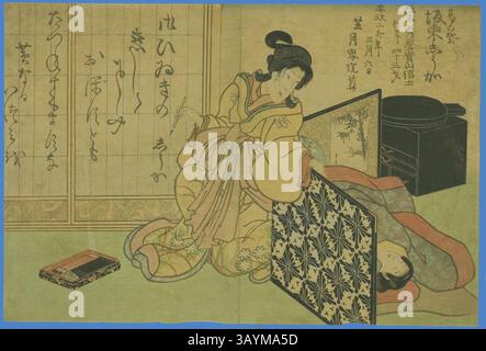 Une femme en vêtements traditionnels s'assoit gracieusement, engagée dans l'art de la peinture tout en étant entourée d'écrans complexes et d'objets décoratifs. Son expression reflète la concentration, mettant en valeur l'élégance de son métier dans un cadre historiquement riche. Portrait commémoratif de l'acteur Bando Shuka I, 1855, école d'Utagawa, japonais, XIXe siècle, Japon, Color Woodblock print Art classique avec une touche moderne réinventée par Artotop Banque D'Images
