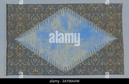 Un motif textile complexe en forme de losange central entouré de motifs floraux et abstraits, mettant en valeur un mélange de tons bleus et dorés doux. Enveloppement cérémonial de la hanche (Dodot), fin du XIXe siècle, Indonésie, Java central, Java, coton, tissage Uni, teint à la cire dessiné à la main (tulis batik), deux panneaux joints, 345,1 x 209,6 cm (135 5/8 x 82 1/2 po.) Art classique avec une touche moderne réinventé par Artotop Banque D'Images