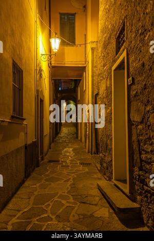 Vue de nuit d'une rue étroite dans la ville italienne Varenna. IMAGE Banque D'Images