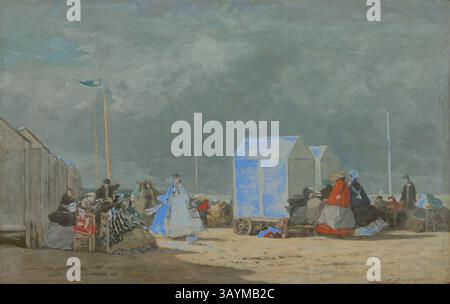Une scène de plage animée représente des gens en tenue d'époque profitant d'une journée au bord du rivage, se mêlant et socialisant près de cabanes de plage colorées sous un ciel spectaculaire. L'atmosphère transmet un sentiment de loisirs et de communauté, avec diverses activités se déroulant sur le sol sablonneux. Approche de la tempête, 1864, Eugène-Louis boudin, français, 1824-1898, France, huile sur panneau bercé, 14 3/8 × 22 1/2 in. (36,3 × 57,9 cm) Art classique avec une touche moderne réinventée par Artotop Banque D'Images