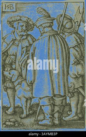 Un groupe de trois personnages en tenue historique élaborée s'engagent dans la conversation, accompagnés d'un chien. La figure centrale porte un grand chapeau et des vêtements ornés, tandis que les autres portent des armes et portent un couvre-chef distinct, suggérant un contexte militaire ou noble. La scène respire un sentiment de camaraderie et d'intrigue. Three Soldiers and a Dog, s.d., Sebald Beham, allemand, 1500-1550, Allemagne, gravure en noir sur papier ivoire, 45 x 30 mm (image/feuille rognée à la marque de plaque) Art classique avec une touche moderne réinventée par Artotop Banque D'Images