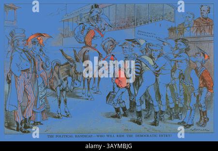 Une caricature politique fantaisiste représente un âne représentant le parti démocrate, avec divers personnages engagés dans un débat allégé pour savoir qui dirigera le parti. Des personnages célèbres dans des vêtements excentriques, dont un homme haut de gamme et l'oncle Sam, observent une gamme de prétendants enthousiastes, chacun affichant des personnalités et des costumes uniques, alors qu'ils anticipent leur opportunité de faire impression. La scène capture la nature ludique et compétitive des concours politiques. The Political handicap, de Puck, s.d., Joseph Keppler, américain, 1838-1894, États-Unis, lithographie couleur sur papier journal Banque D'Images