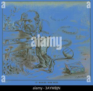 Un homme frustré se penche contre une clôture, serrant son front. La scène reflète sa détresse face aux troubles politiques, avec des références à des votes perdus, à un examen public et à un lourd fardeau symbolisé par une boule et une chaîne. Il le rend malade, d'après Puck, publié le 18 août 1880, Joseph Keppler, américain, 1638-1894, États-Unis, lithographie couleur sur papier journal, 206 x 222 mm Art classique avec une touche moderne réinventée par Artotop Banque D'Images