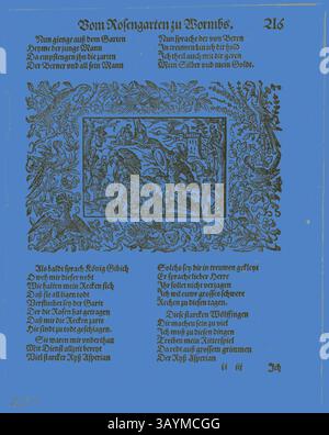 Une page décorative avec un texte lyrique entouré d'illustrations complexes, y compris des créatures mythiques et une scène de jardin, avec une bordure proéminente de motifs floraux. Les versets explorent des thèmes de l'amour et de la nature, ajoutant une profondeur poétique aux éléments visuels. Illustration de Heldenbuch, planche 32 tirée de gravures sur bois de livres du XVIe siècle, 1590, assemblées en portfolio 1937, Virgil Solis, The Elder (allemand, 1514-1562) et Jost Amman (suisse, 1539-1591), assemblées par Max Geisberg (suisse, 1875-1943), Allemagne, gravure sur bois, 92 × 137 mm (image), 190 × 139 mm (image/te×t), 217 × 172 mm ( Banque D'Images