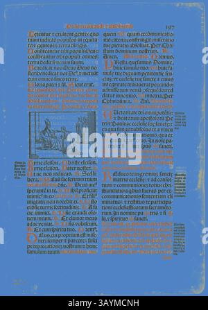 Une page au design complexe avec du texte et des illustrations ornés, avec des couleurs vives et des éléments décoratifs qui rehaussent l'attrait visuel du manuscrit médiéval. La mise en page comprend des sections de texte écrites dans une police stylisée ainsi que des images détaillées, créant un récit historique captivant. Feuille de Pontificale Romanum, planche 91 de gravures sur bois de livres du XVIe siècle, 1572, Assemblée en portfolio 1937, artiste inconnu (italien, XVIe siècle), Assemblée par Max Geisberg (suisse, 1875-1943), Italie, gravure sur bois sur papier, 57 x 82 mm (image), 289 x 211 mm (image/texte), 359 x 248 mm (feuille Banque D'Images