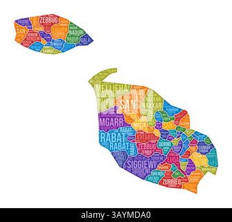 Forme Malte. Nuage de mots de pays avec division de région. Malte illustration colorée. Nuage de noms de région. Illustration vectorielle. Illustration de Vecteur