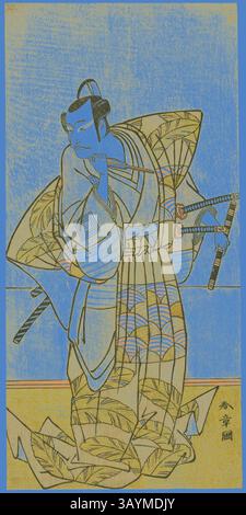 Un guerrier en tenue traditionnelle se tient debout avec une expression bien ajustée, tenant deux épées. Les motifs complexes de ses vêtements contrastent avec un fond bleu éclatant, améliorant l'énergie de la scène. L'acteur Ichikawa Danjuro V comme Chichibu no Shigetada, c. 1773, Katsukawa Shunsho 勝川 春章, japonais, 1726-1792, Japon, impression couleur sur bois, hosoban, à partir d'une composition multicouche ( ?), 28,7 x 13,8 cm (11 5/16 x 5 7/16 po) Art classique avec une touche moderne réinventé par Artotop Banque D'Images