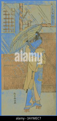 Un personnage gracieux vêtu d'une tenue traditionnelle se promène sous un grand parasol, tenant une lanterne. Le fond présente des motifs complexes et des éléments architecturaux, évoquant une atmosphère sereine du Japon historique. Nuit pluie de Genjo (Genjo no yau), de la série parodies de huit scènes de Noh chants (Furyu utai hakkei), c. 1767, Suzuki Harunobu 鈴木 春信, japonais, 1725 ( ?)-1770, Japon, impression couleur sur bois, hosoban, 31,1 x 15,0 cm (12 1/4 x 5 7/8 po) Art classique avec une touche moderne réinventé par Artotop Banque D'Images