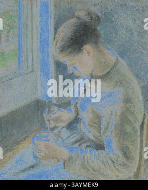 Une femme est assise près d'une fenêtre, concentrée sur un bol sur ses genoux, remuant doucement avec une cuillère. Les teintes et textures douces évoquent une atmosphère sereine et contemplative. La lumière naturelle illumine ses traits, soulignant le moment intime de la vie quotidienne. Jeune paysanne ayant son café, 1881, Camille Pissarro, Français, 1830-1903, France, huile sur toile, 65,3 × 54,8 cm (25 11/16 × 21 9/16 in.) Art classique avec une touche moderne réinventé par Artotop Banque D'Images