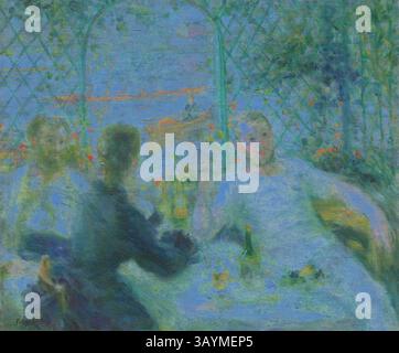 Un groupe de personnages profite d'un après-midi tranquille à l'extérieur, entouré d'une végétation luxuriante et de fleurs vibrantes, avec une vue sur l'eau sereine en arrière-plan. Leurs poses détendues et leur conversation suggèrent un moment de camaraderie et de tranquillité. Déjeuner au Restaurant Fournaise, 1875, Pierre-Auguste Renoir, français, 1841-1919, France, huile sur toile, 55 × 65,9 cm (21 5/8 × 25 15/16 po.) Art classique avec une touche moderne réinventé par Artotop Banque D'Images