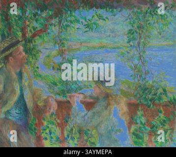 Une scène de plein air sereine avec deux personnages, l'un assis et l'autre appuyé contre une balustrade, les deux contemplant un paysage tranquille orné d'une végétation luxuriante et d'un plan d'eau lointain. L'atmosphère dégage un sentiment de contemplation paisible et de connexion avec la nature. Près du Lac, 1879/80, Pierre-Auguste Renoir, français, 1841-1919, France, huile sur toile, 47,5 × 56,4 cm (18 11/16 × 22 3/16 po.) Art classique avec une touche moderne réinventé par Artotop Banque D'Images