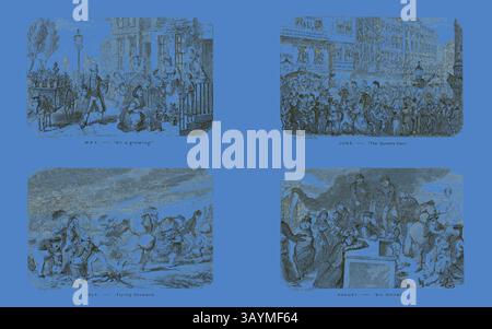 Une collection de scènes illustrées représentant différents mois de l'année, chacune présentant diverses activités et événements. La scène de mai représente un rassemblement animé, juin présente un événement royal, juillet capture un moment dramatique de tempêtes estivales, et août présente un rassemblement festif autour d'une table. Chaque illustration est minutieusement détaillée, soulignant l'essence du mois respectif. Mai – tout A grandi ! Des gravures sur acier de George Cruikshank aux Almanacks comiques : 1835-1853 (en haut à gauche), 1838, imprimé vers 1880, George Cruikshank (en anglais, 1792-1878), publié par Pickering & Chatto ( Banque D'Images