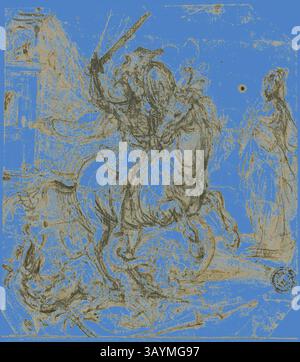 Une scène dramatique représente un chevalier au combat, brandissant une épée alors qu'il est monté sur un cheval d'élevage. En arrière-plan, une figure observe, peut-être une femme, ajoutant un sentiment de tension et d'intrigue à la composition. Les couleurs contrastées accentuent l'intensité de l'action et les personnages impliqués. Saint George et le Dragon, s.d., attribué à Carlo Urbino, Italien, actif 1535-1585, Italie, stylo et encre brune, avec pinceau et lavage brun, rehaussé de blanc de plomb (partiellement décoloré), sur craie noire, sur papier posé ivoire, posé sur papier posé ivoire, 132 x 116 mm Art classique avec un Banque D'Images