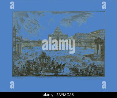 Une scène historique représentant la grandeur de la place Pierre à Vatican, où les gens et les calèches remplissent l’espace autour d’un obélisque de premier plan, encadré par une architecture classique et une activité animée. Le ciel est rempli de nuages tourbillonnants, ajoutant du dynamisme à l'environnement serein. Vue de la basilique de Pierre et de la place du Vatican, vues de Rome, 1748, Giovanni Battista Piranesi, italien, 1720-1778, Italie, gravure sur papier ivoire lourd, 380 x 536 mm (image), 404 x 543 mm (plaque), 522 x 665 mm (feuille) Art classique avec une touche moderne réinventée par Artotop Banque D'Images
