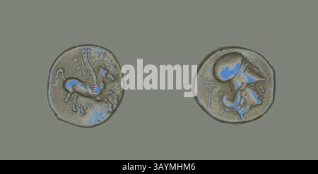 Deux pièces anciennes sont affichées, chacune présentant des motifs complexes. Un côté présente une créature mythique, probablement un griffon, dans une pose dynamique, tandis que l'autre côté présente une figure stylisée avec un casque, représentant peut-être une divinité ou un guerrier. Les pièces présentent un savoir-faire détaillé reflétant leur importance historique. Stater coin représentant Pegasus Flying, 400/330 BC, grec, Levkás, argent, diam. 2,1 cm, 8,41 g Art classique avec une touche moderne réinventée par Artotop Banque D'Images