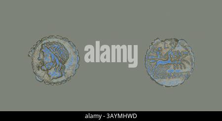 Deux pièces anciennes sont affichées, avec des motifs complexes. Un côté présente le profil d'une figure, peut-être une règle ou une divinité, ornée de cheveux coulants. Le verso représente une scène emblématique, potentiellement avec une créature mythique, avec des inscriptions qui suggèrent une signification historique. Denarius serratus (pièce) représentant le Dieu Saturne, 106 av. J.-C., romain, frappé à Rome, Italie, argent, Diam. 1,8 cm, 3,81 g Art classique avec une touche moderne réinventée par Artotop Banque D'Images