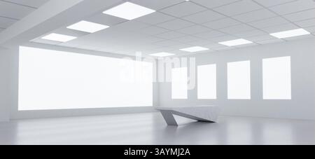 Espace de galerie lumineux et aéré avec écrans muraux vierges, illustration de rendu 3D. Banque D'Images
