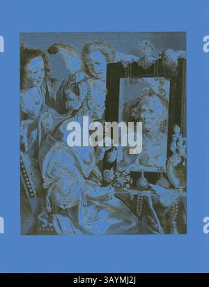 Un groupe de trois figures se réunit autour d'un miroir, où une figure, ornée de cheveux et de vêtements élaborés, regarde leur reflet. La scène capture une exploration de la vanité et de la perception de soi, avec des détails délicats tels que des fleurs et des objets décoratifs élégamment disposés sur une table. Les expressions des spectateurs suggèrent curiosité et intrigue. La Coquette, 1656/58, Jeremias Falck (polonais, 1619-1677), d'après Bernardo Strozzi (italien, 1581-1644), Pologne, gravure sur papier crème, 400 x 317 mm Art classique avec une touche moderne réinventée par Artotop Banque D'Images