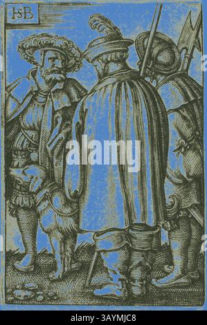 Un groupe de trois personnages se tient ensemble, vêtus de vêtements historiques élaborés, avec une figure interagissant avec un chien. La scène capture un moment de camaraderie, mettant en évidence la tenue et les accessoires distincts des personnages, y compris un chapeau et une lance. Des éléments de noblesse et d'autorité sont suggérés à travers leurs postures et leurs vêtements. Three Soldiers and a Dog, s.d., Sebald Beham, allemand, 1500-1550, Allemagne, gravure en noir sur papier ivoire, 45 × 29 mm (image/plaque), 45 × 29,5 mm (feuille) Art classique avec une touche moderne réinventée par Artotop Banque D'Images