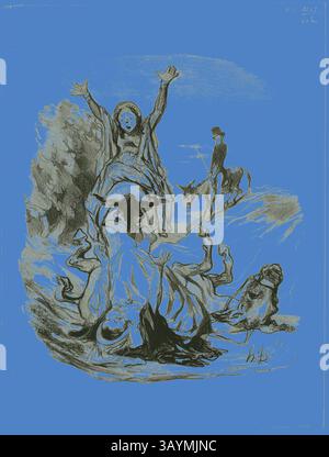 Une scène dramatique se déroule avec une femme levant les bras en détresse, tandis qu'en dessous d'elle, une autre figure repose sur le sol. En arrière-plan, une personne à cheval observe, et un chien regarde les événements qui se déroulent, ajoutant une couche de tension au moment. Les couleurs contrastées amplifient l'intensité émotionnelle de la situation. - Oh mon Dieu, maman, maman !…….. Pour l’amour du ciel….. Ma fille, ma fille ! !, planche 26 de Pastorales, 1845, Honoré Victorin Daumier, français, 1808-1879, France, lithographie en noir sur papier tissé blanc, 271 × 236 mm (image), 350 × 265 mm (feuille) Art classique avec un moderne Banque D'Images