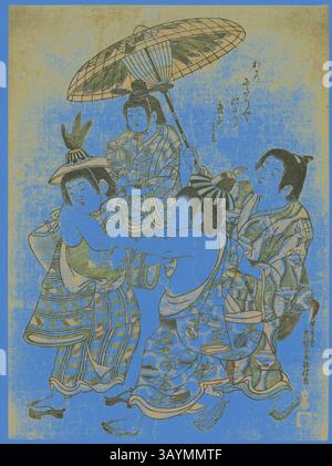 Une scène animée mettant en vedette quatre individus en tenue traditionnelle, interagissant de manière ludique tandis que l'un tient un grand parasol décoratif. Leurs vêtements vibrants présentent des motifs complexes, et leurs expressions véhiculent un sentiment de joie et de camaraderie, sur un fond contrasté qui rehausse leurs designs colorés. Garçons déguisés en chinois, c. 1748, Okumura Masanobu, japonais, 1686-1764, Japon, imprimé Woodblock, oban benizuri-e avec gaufrage, 41,0 x 30,2 cm Art classique avec une touche moderne réinventée par Artotop Banque D'Images