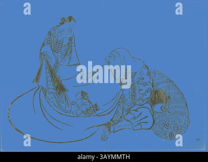 Une scène traditionnelle représente une femme dans un kimono fluide interagissant avec un homme âgé, agenouillé et faisant des gestes vers un enfant à ses pieds. Les figures sont minutieusement détaillées, mettant en valeur des vêtements culturels et une atmosphère ludique. Daikoku révélant le contenu du sac de Hotei, non. 2 de la série de 12 estampes, v. 1708, Okumura Masanobu, japonais, 1686-1764, Japon, Woodblock print, oban, sumizuri-e, 26,7 x 36,9 cm Art classique avec une touche moderne réinventée par Artotop Banque D'Images