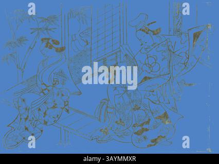 Trois femmes élégamment habillées sont représentées dans un cadre serein, deux assis sur un porche tandis que l'une se tient debout, lisant. La scène est ornée de motifs complexes sur leurs vêtements, et les plantes de bambou suggèrent un environnement tranquille, améliorant le sentiment de richesse culturelle et de grâce. Narihira : The Mirror Scene (Narihira kagami no dan), de la série scènes célèbres des pièces de marionnettes japonaises (Yamato irotake), v. 1705/06, Okumura Masanobu, japonais, 1686-1764, Japon, Woodblock print, oban, sumizuri-e, 27,2 x 39,1 cm Art classique avec une touche moderne réinventée par Artotop Banque D'Images