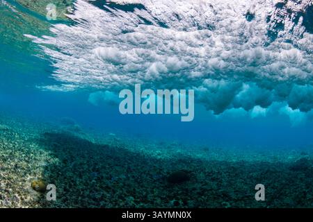 Vue sous-marine unique d'une vague se brisant sur un récif au large de l'île de Yap en Micronésie. Banque D'Images