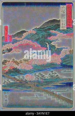 Un paysage serein avec des collines ondulantes et des cerisiers en fleurs, avec une rivière tranquille qui coule au premier plan. La composition est rehaussée par des couleurs stylisées et des lignes artistiques, évoquant une qualité onirique, tandis que des éléments architecturaux subtils jettent un regard à travers le paysage naturel. Province de Yamashiro : le pont Togetsu dans le mont Arashi (Yamashiro, Arashiyama Togetsukyo), de la série lieux célèbres dans les soixante-impaires provinces (Rokujuyoshu meisho zue), 1853, Utagawa Hiroshige 歌川 広重, japonais, 1797-1858, Japon, estampe couleur, oban Classic Art avec une touche moderne réinventée par Artotop Banque D'Images