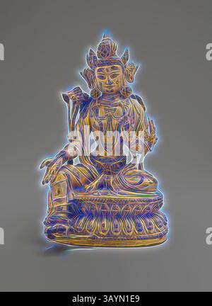 Une sculpture détaillée d'une figure assise, ornée de motifs complexes et de traits faciaux sereins, dégage un sentiment de tranquillité et de présence spirituelle. La figure est entourée d'une aura de lumière vibrante et éthérée, soulignant son savoir-faire et sa signification. Tara verte, assise dans la pose de Royal Ease (Lalitasana), avec des tiges de Lotus sur l'épaule droite et des mains dans les gestes de raisonnement (Vitarkamudra) et de don conférant (Varadamudra), dynastie Ming (1368–1644), marque et période Yongle (1403–24), Chine, alliage de cuivre doré avec des traces de pigment (lapis lazuli), 21,5 × 13,5 × 12,5 cm Banque D'Images
