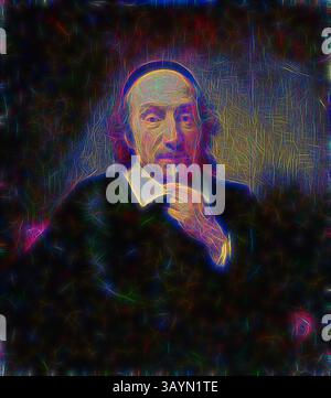 Un personnage contemplatif, vêtu d'une tenue d'époque, regarde avec soin tout en posant un doigt sur son menton, entouré d'un jeu vibrant et abstrait de couleurs et de textures. Portrait d'un homme, 1650/60, attribué à Nicolaes Maes, néerlandais, 1634-1693, Hollande, huile sur panneau, 30,5 x 26,5 cm (12 x 10 1/2 po) Art classique avec une touche moderne réinventé par Artotop Banque D'Images