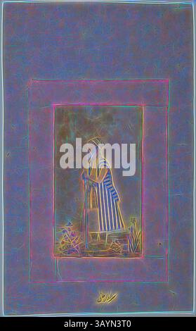 Un personnage drapé dans une tenue rayée se dresse contemplativement, s'appuyant sur un personnel au milieu d'une toile de fond de nature. Les couleurs éclatantes et les motifs abstraits créent une qualité onirique, améliorant la profondeur et l'émotion de la scène. Portrait d'un courtier âgé, c. 1680, Inde, Moghol, probablement Deccan, Inde, aquarelle opaque et or sur papier, image : 16,2 x 9,4 cm (6 3/8 x 3 3/4 po), bordure : 21,6 x 14,8 cm (8 1/2 x 5 7/8 po), papier : 33,4 x 20,5 cm (13 1/8 x 8 1/8 po) Art classique avec une touche moderne réinventé par Artotop Banque D'Images