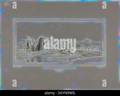 Un paysage serein présente des montagnes escarpées en arrière-plan, avec une eau lisse et fluide reflétant les formations géologiques frappantes. Les silhouettes se tiennent près du bord de l'eau, contemplant la beauté naturelle qui les entoure. Poste de garde des colonies militaires hongroises, rive gauche du Danube, 7 juillet 1837, 1838, Denis Auguste Marie Raffet (français, 1804-1860), imprimé par chez Gihaut Frères (français, XIXe siècle), France, lithographie en noir sur grise posée sur papier de laine ivoire, 156 × 330 mm (image), 156 × 330 mm (support primaire), 341 × 457 mm (support secondaire) classique Banque D'Images