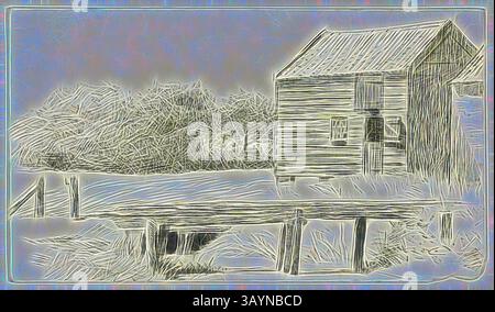 Un bâtiment rustique en bois se dresse à côté d'un plan d'eau tranquille, entouré d'une végétation douce texturée. La scène capture un sentiment de calme et de simplicité, avec des lignes douces définissant la structure et le paysage. Barn and Bridge, s.d., Henry Stacy Marks, anglais, 1829-1898, Angleterre, stylo et encre noire sur papier tissé ivoire, 101 × 176 mm Art classique avec une touche moderne réinventée par Artotop Banque D'Images