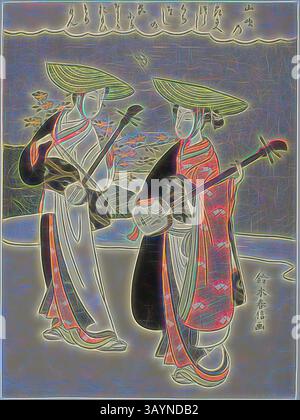 Deux personnages élégamment habillés ornés d'une tenue traditionnelle tiennent des instruments de musique, entourés d'un paysage serein. Leurs vêtements élaborés et leurs chapeaux distincts reflètent l'art culturel, tandis que le cadre évoque une ambiance paisible enrichie par la beauté naturelle. Deux musiciens itinérants, c. 1765/70, Suzuki Harunobu 鈴木 春信, japonais, 1725 ( ?)-1770, Japon, gravure sur bois couleur, chuban, 27,9 x 20. cm (11 x 8 3/16 po) Art classique avec une touche moderne réinventé par Artotop Banque D'Images