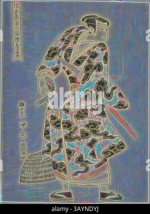 Un personnage élégamment habillé dans une tenue traditionnelle se tient debout, tenant un ventilateur et un balai. Leur vêtement présente des motifs complexes et des couleurs vibrantes qui suggèrent un riche patrimoine culturel. L'arrière-plan crée un contraste saisissant, améliorant la présence de la figure. Tachibanaya : Ichikawa Yaozo III comme Fuwa Banzaemon, de la série Portraits of Actors on Stage (Yakusha butai no sugata-e), 1794, Utagawa Toyokuni i 初代 歌川 豊国, japonais, 1769–1825, Japon, impression couleur sur bois, oban, 35,1 × 26 cm (13 13/16 × 10 1/4 po) Art classique avec une touche moderne réinventé par Artotop Banque D'Images