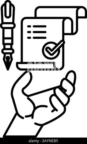 Une main tenant un stylo et un morceau de papier avec une coche dessus Illustration de Vecteur