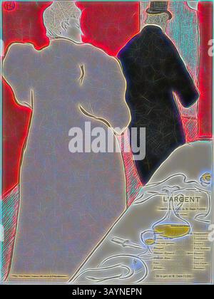 Une scène stylisée mettant en scène une femme élégamment habillée dans une robe volumineuse et un homme dans un chapeau haut de gamme, sur fond vibrant. Les figures sont soulignées avec des bords brillants, améliorant leur présence. Une table ornée de couverts et un menu intitulé 'L'ARGENT' ajoute un élément de sophistication à la composition. Programme pour L’argent, 1895, Henri de Toulouse-Lautrec, français, 1864-1901, France, lithographie couleur sur papier tissé crème, 332 × 222 mm (image), 552 × 413 mm (feuille) Art classique avec une touche moderne réinventé par Artotop Banque D'Images