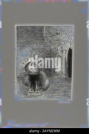 Représentation stylisée d’une figure penchée, entourée de lignes et de formes abstraites qui évoquent une sensation de mouvement et d’énergie. L'arrière-plan présente des éléments architecturaux qui ajoutent de la profondeur à la scène, créant un contraste entre la figure et son environnement. Une longue Chrysalis, la couleur du sang, planche 2 de 6, 1889, Odilon Redon, français, 1840-1916, France, lithographie en noir sur papier porcelaine ivoire posé sur papier tissé ivoire, 260 × 195 mm (image/chine), 447 × 314 mm (feuille) Art classique avec une touche moderne réinventée par Artotop Banque D'Images