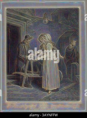 Une scène douce se déroule alors qu'une jeune femme s'engage avec un homme âgé, lui offrant de l'aide. En arrière-plan, une figure observe, capturant un moment de tendresse et de connexion au milieu d'un cadre pittoresque. L'atmosphère est infusée d'un sentiment de soin et de communauté. Couteaux, ciseaux et rotors à meuler, janvier 1795, Giovanni Vendramini (Italien, 1769-1839), d'après Francis Wheatley (Anglais, 1747-1801), Italie, gravure Stipple en brun sur papier crème, 360 x 283 mm (image), 411 x 315 mm (feuille, parée dans le platemark) Art classique avec une touche moderne réinventée par Artotop Banque D'Images