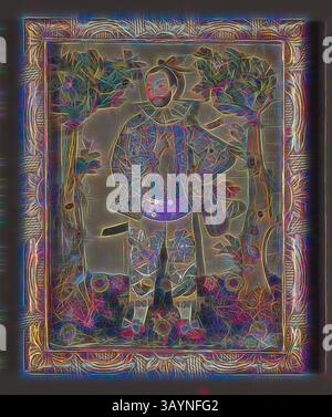 Une silhouette stylisée se dresse en toute confiance au milieu d'un feuillage luxuriant, orné d'une tenue traditionnelle complexe. Les motifs vibrants et les couleurs tourbillonnantes renforcent la présence du personnage, donnant une touche fantaisiste au paysage serein. Image de pointe d'aiguille, XIXe siècle, France, 29,6 × 23,5 cm (11 5/8 × 9 1/4 po.) Art classique avec une touche moderne réinventé par Artotop Banque D'Images