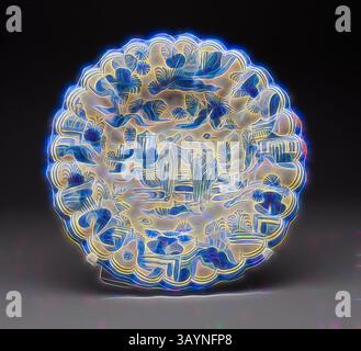 Une assiette décorative présente des motifs complexes représentant un paysage serein avec des figures humaines au milieu d'éléments naturels, le tout encadré par un bord festonné. L'œuvre met en valeur une flore et une architecture vibrantes, créant un sentiment d'harmonie et de tranquillité. Plaque, 1680/1700, Allemagne, Hanau ou Francfort, Hanau, faïence émaillée en étain (faïence), H. 7 cm (2 3/4 po), diam. 34,3 cm (13 1/2 po) Art classique avec une touche moderne réinventé par Artotop Banque D'Images