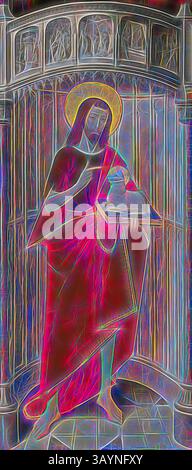 Une figure spirituelle se tient sereinement, vêtue de robes fluides avec un halo rayonnant au-dessus de leur tête, tenant doucement un objet dans une main tandis que l'autre main fait des gestes réfléchis. La toile de fond présente des éléments architecturaux complexes, ajoutant au sentiment de vénération et de tranquillité. Les couleurs vives et les motifs tourbillonnants améliorent la qualité éthérée de la scène. Panneaux du maître-autel de la Chartreuse de Saint-Honoré, Thuison-les-Abbeville : Saint Jean Baptiste, 1490/1500, Français (Picardie), France, huile sur panneau, panneau : 117 × 52 cm (46 1/16 × 20 1/2 po), surface peinte : 115,3 × 49,5 Banque D'Images