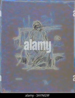 Une figure solitaire est assise gracieusement sur un banc, drapée de vêtements fluides, avec une expression contemplative. La toile de fond présente des lignes et des formes abstraites, améliorant l'atmosphère éthérée. La figure drapée, assise, 1893, James McNeill Whistler, américain, 1834-1903, États-Unis, lithographie par transfert avec moignon à l'encre noire sur vélin japonais posé tan, 216 x 164 mm (image), 292 x 237 mm (feuille) Art classique avec une touche moderne réinventée par Artotop Banque D'Images