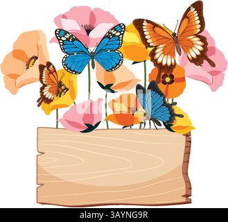 Des papillons colorés flottent autour de coquelicots vibrants au-dessus d'un panneau en bois rustique. Illustration vectorielle avec des couleurs vives et une composition détaillée Illustration de Vecteur
